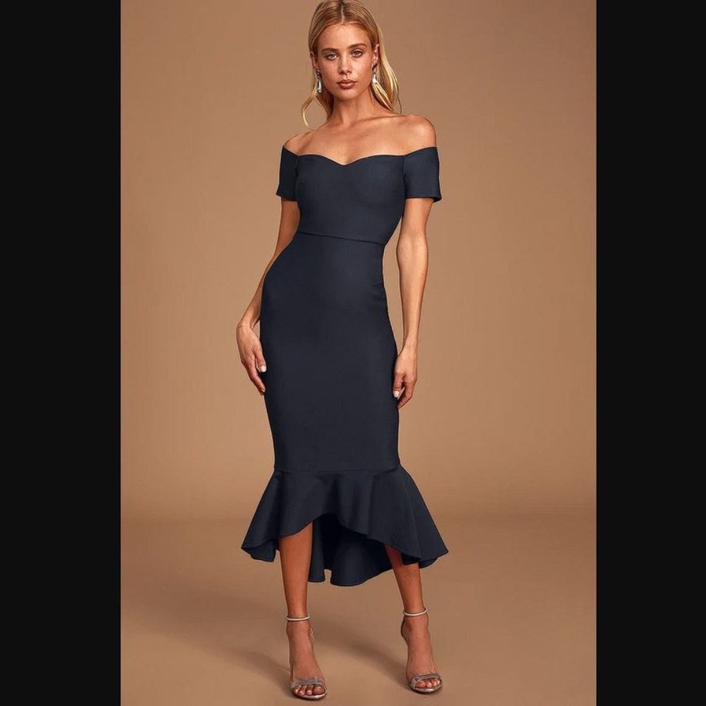 LULUS Women's How Much I Care Midnight Blue Off-the-Shoulder Midi Dress Size L